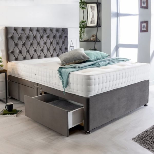 New Suede Divan Set + Matching Headboard + Orthopaedic Spring Mattress - Sam Beds