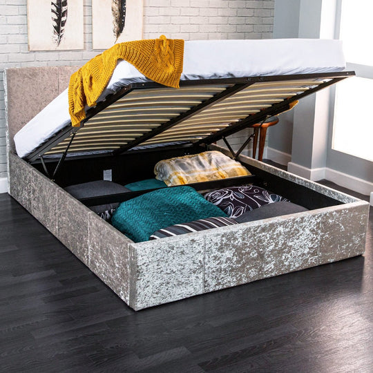 Silver Ottoman Gas Lift Storage Fabric Bed - Sam Beds